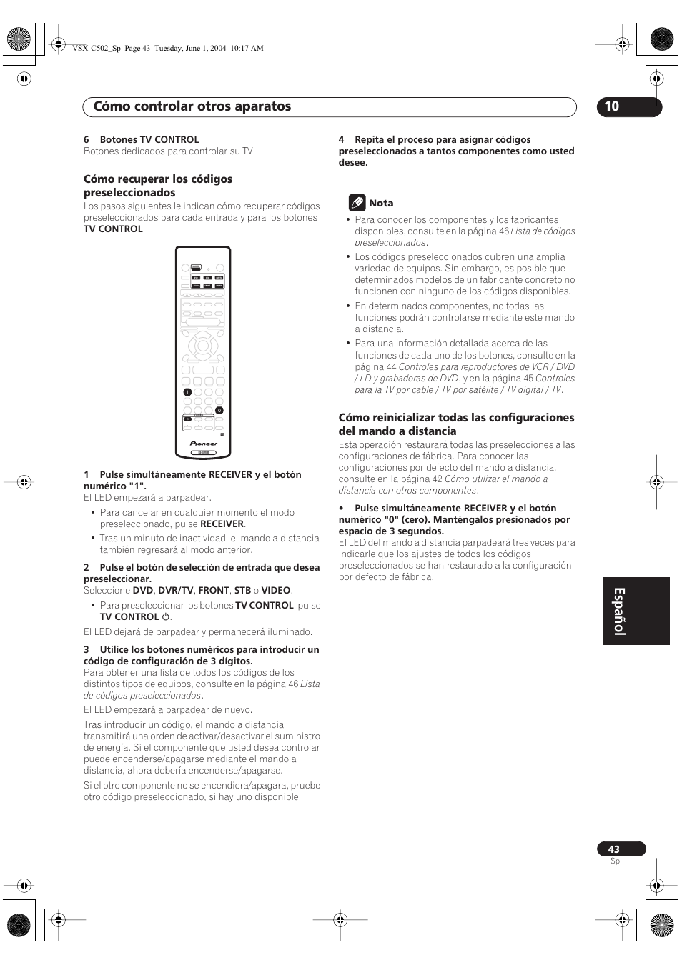 Cómo recuperar los códigos preseleccionados, Español, Cómo controlar otros aparatos 10 | Pioneer VSX-C502-S User Manual | Page 93 / 104