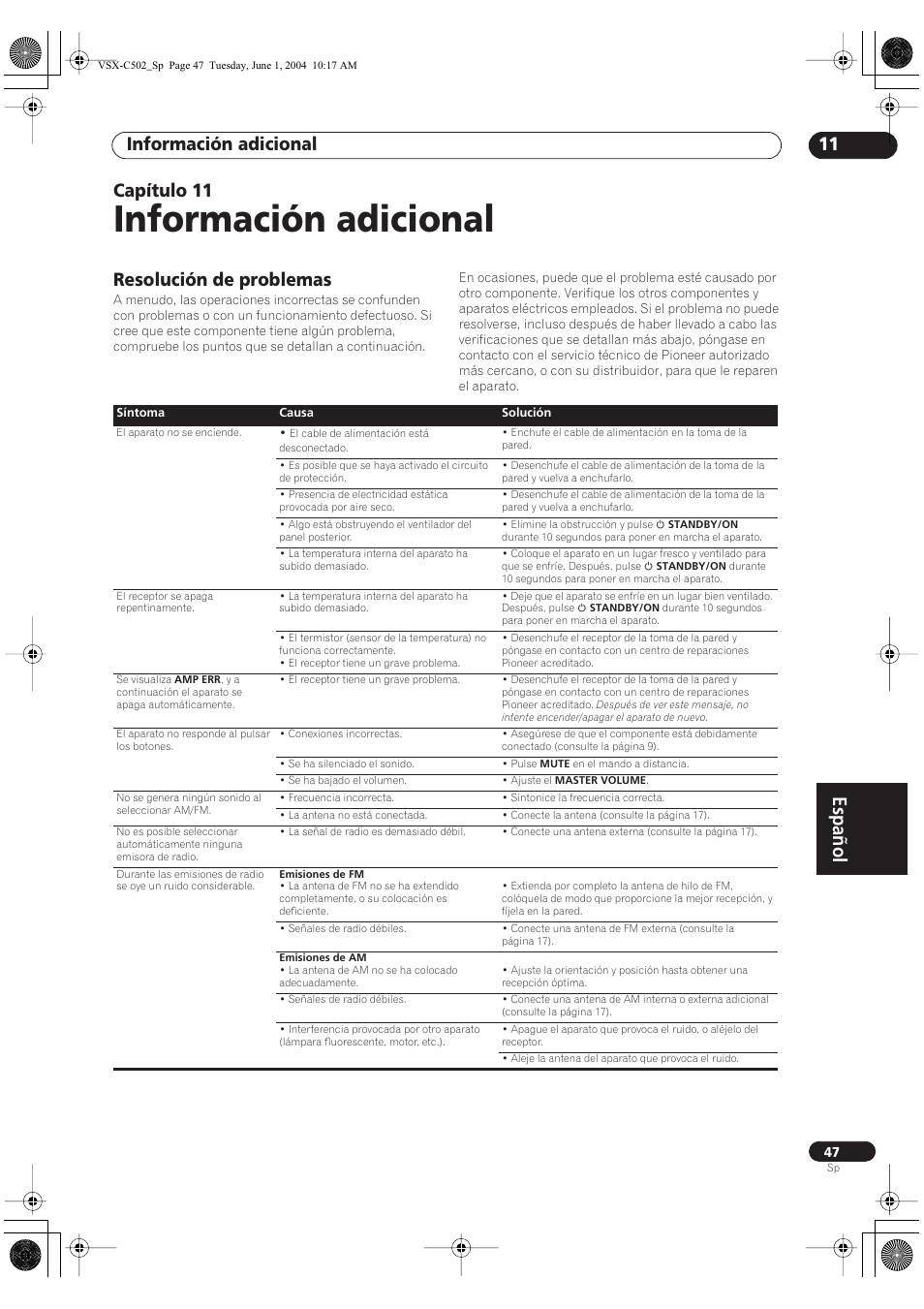 11 información adicional, Resolución de problemas, Información adicional | Español, Información adicional 11, Capítulo 11 | Pioneer VSX-C502-S User Manual | Page 97 / 104
