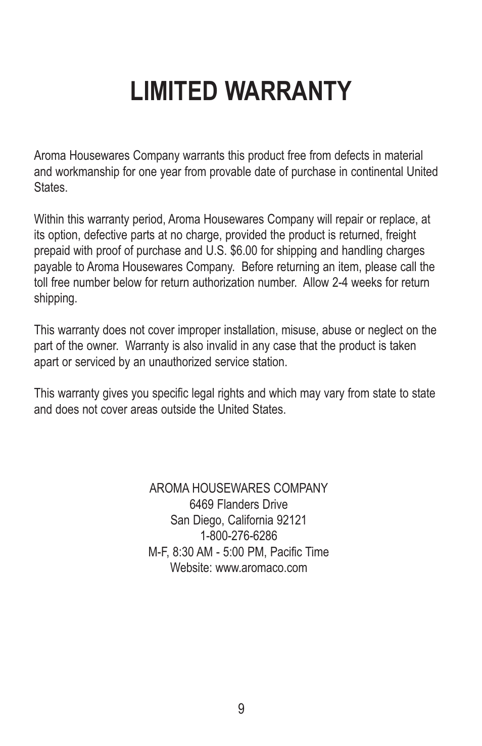 Limited warranty | Aroma ABT-106 User Manual | Page 11 / 11