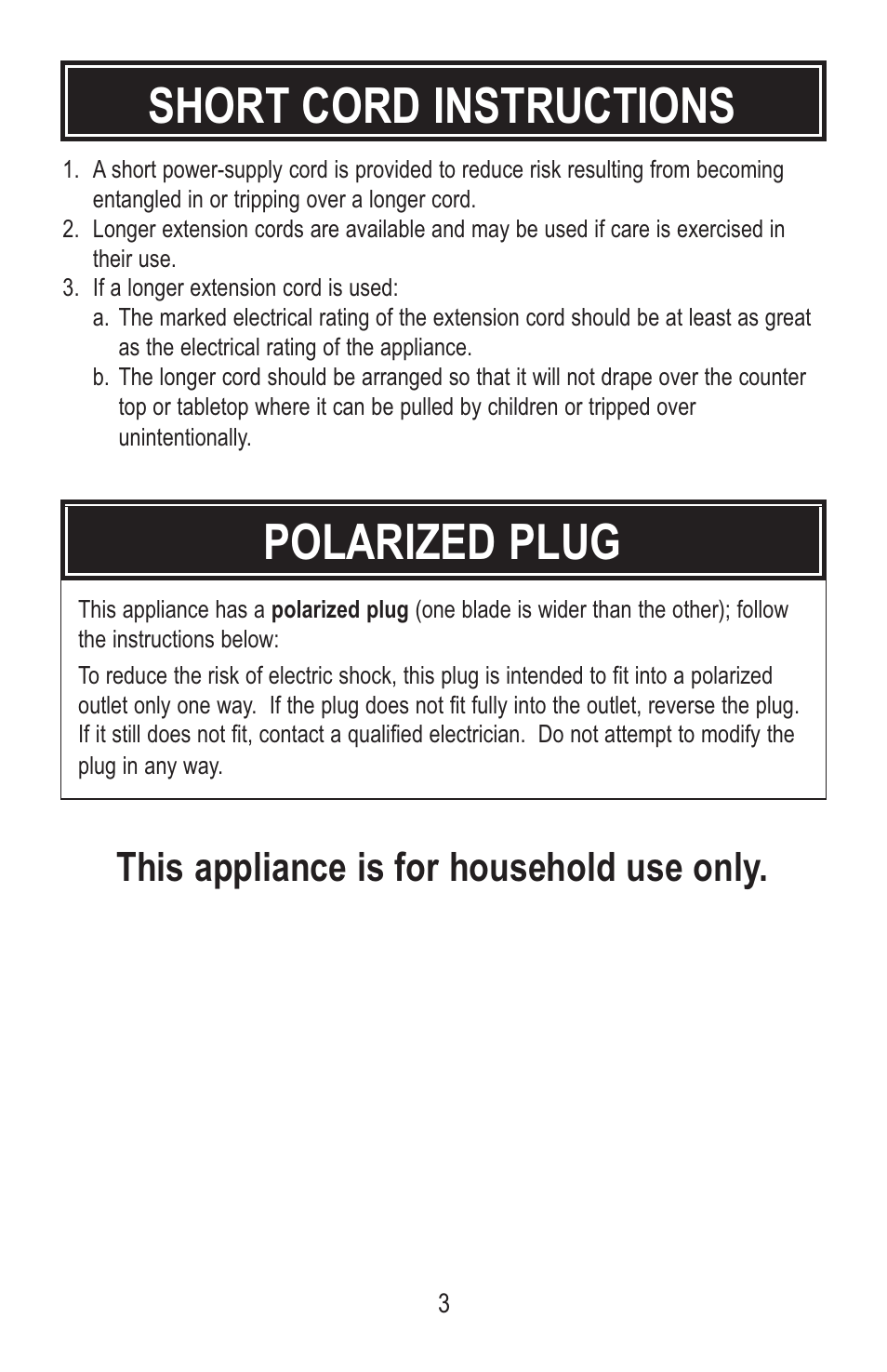 Short cord instructions, Polarized plug, This appliance is for household use only | Aroma ABT-106 User Manual | Page 5 / 11