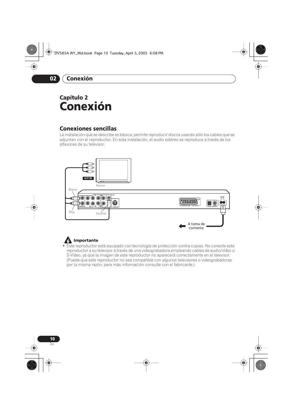 02 conexión, Conexiones sencillas, Conexión | Conexión 02, Capítulo 2 | Pioneer DV-585A-s User Manual | Page 10 / 108