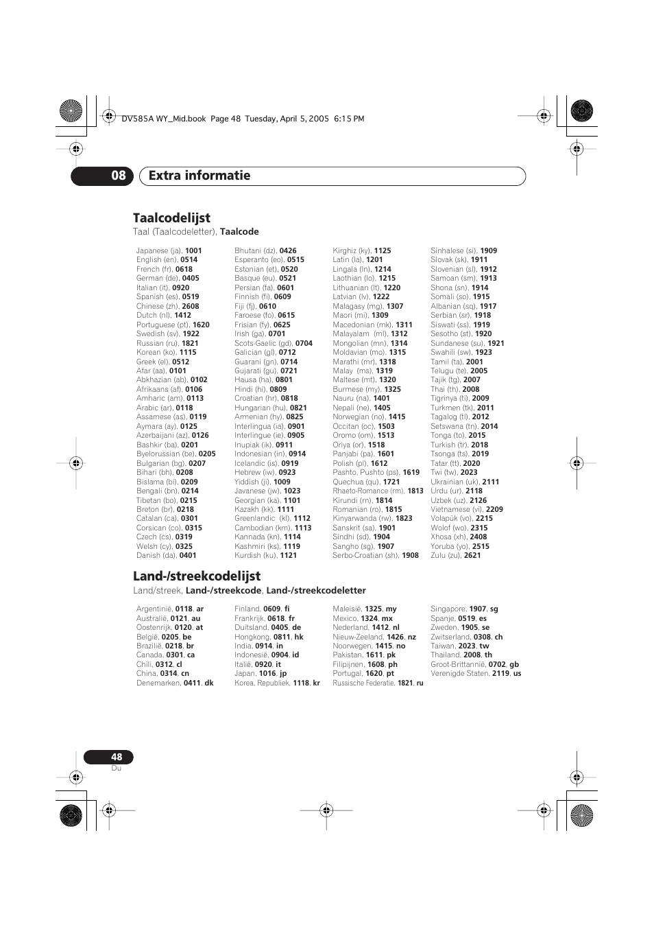 Taalcodelijst, Land-/streekcodelijst, Extra informatie 08 | Pioneer DV-585A-s User Manual | Page 100 / 108