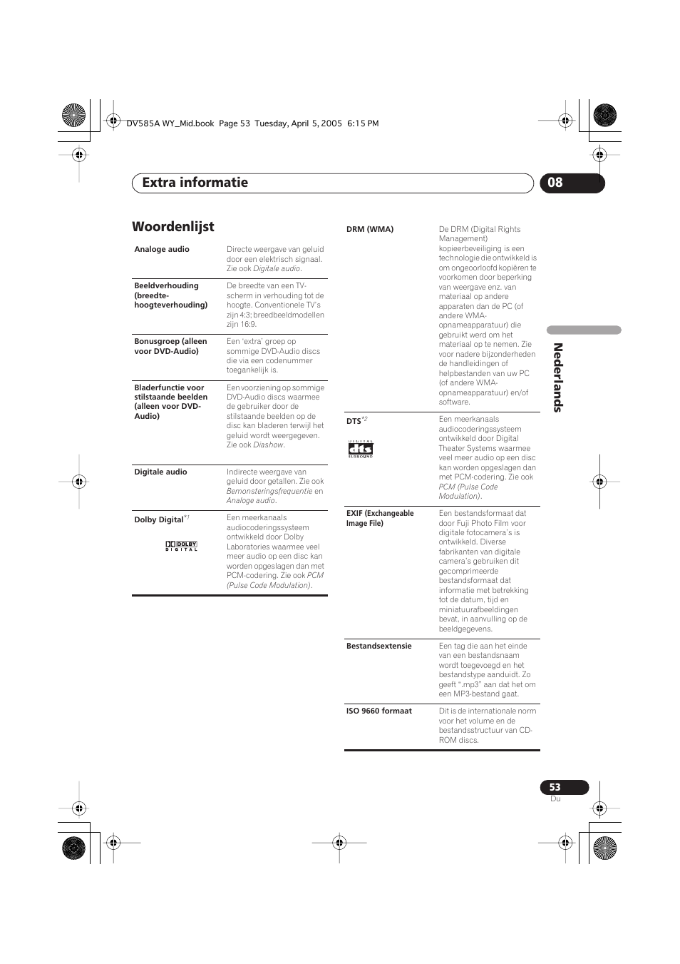Woordenlijst, Extra informatie 08, Nederlands | Pioneer DV-585A-s User Manual | Page 105 / 108