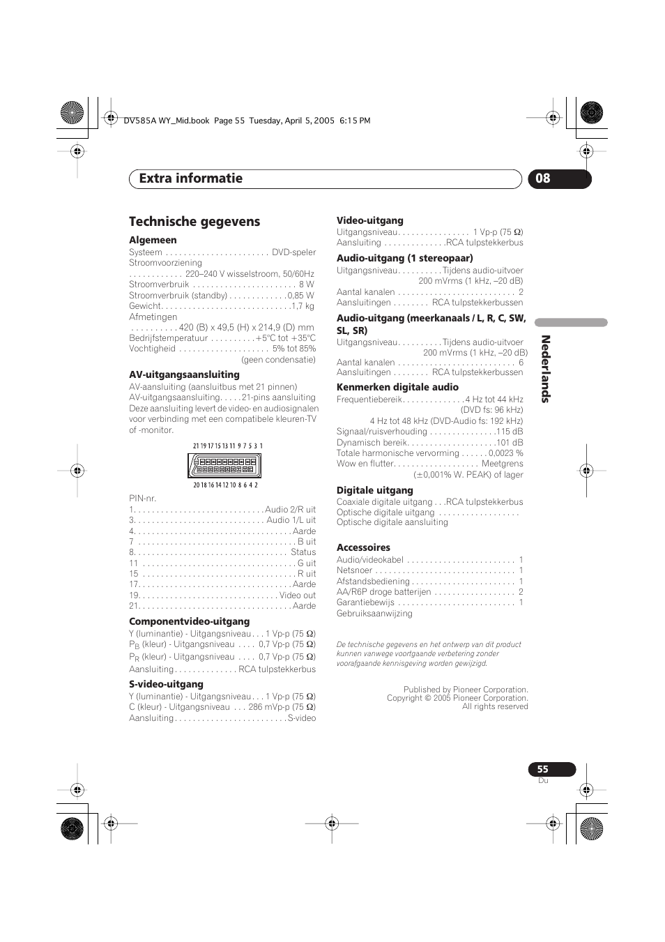 Technische gegevens, Extra informatie 08, Nederlands | Pioneer DV-585A-s User Manual | Page 107 / 108