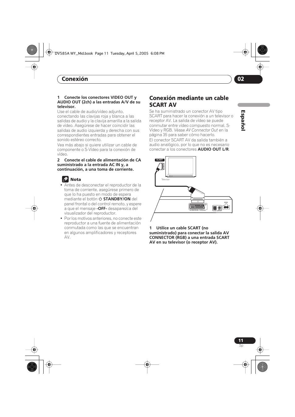 Conexión mediante un cable scart av, Conexión 02, Español | Pioneer DV-585A-s User Manual | Page 11 / 108