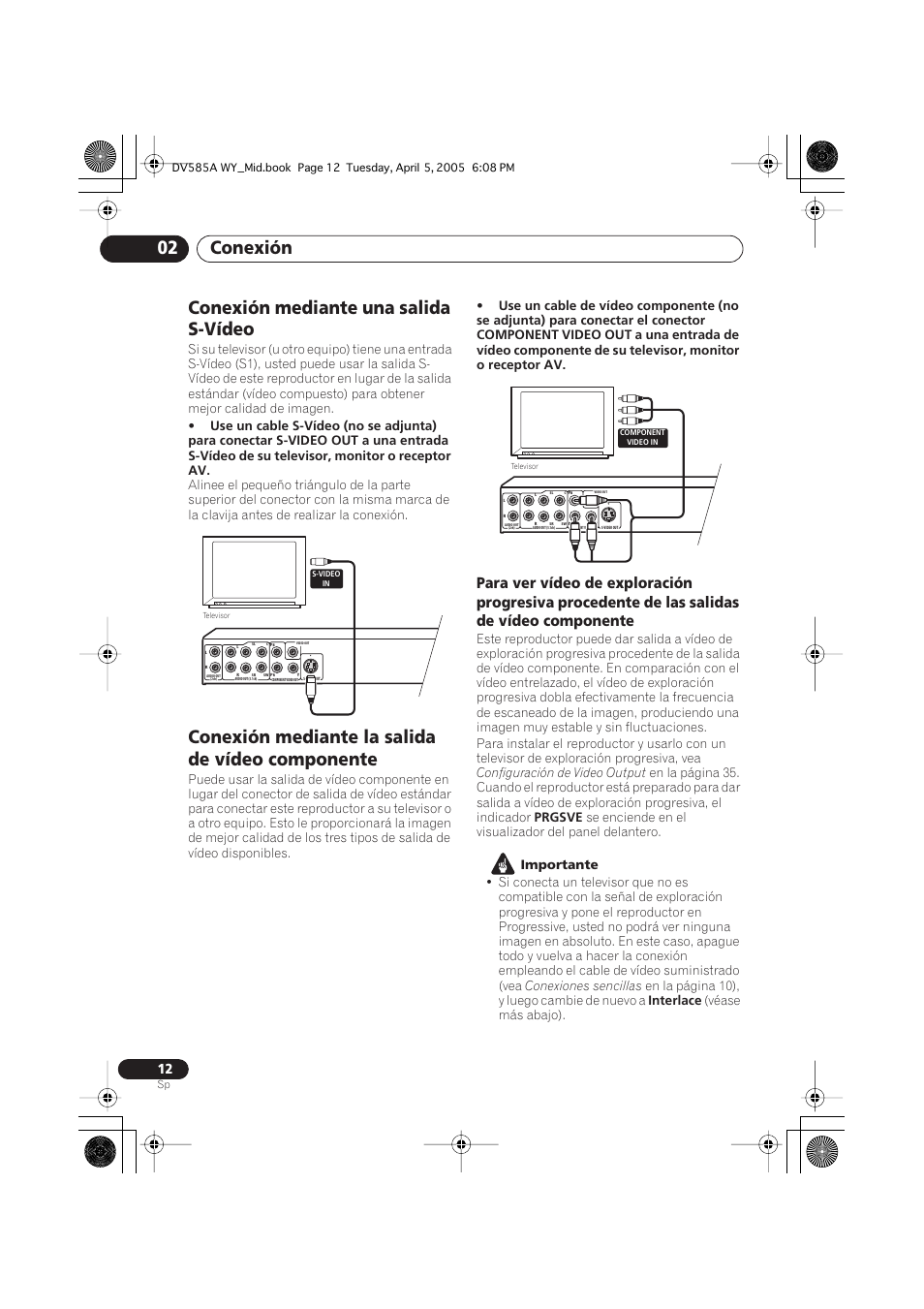 Conexión mediante una salida s-vídeo, Conexión mediante la salida de vídeo componente, Conexión 02 | Pioneer DV-585A-s User Manual | Page 12 / 108
