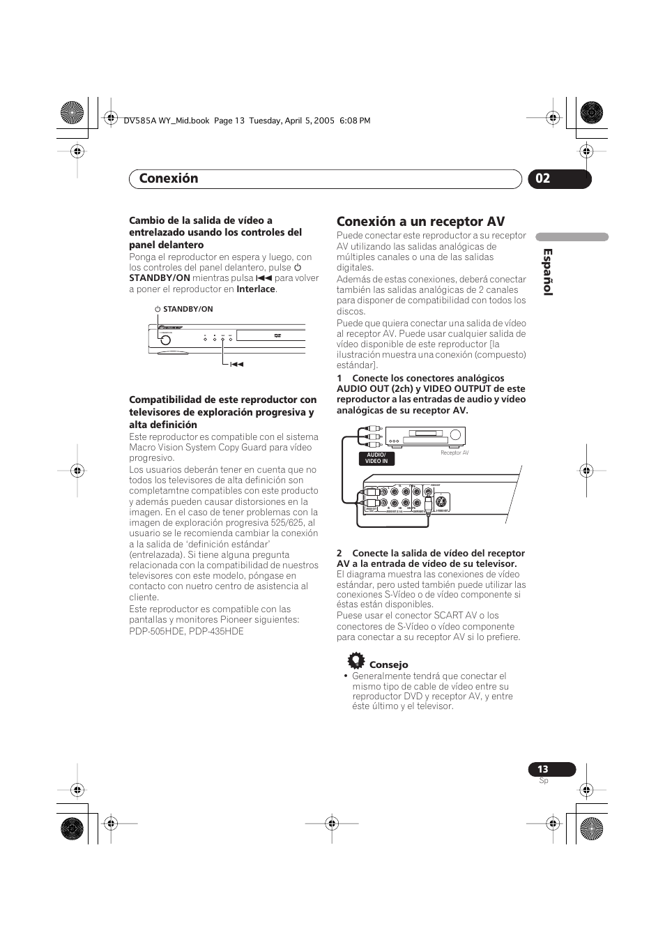 Conexión a un receptor av, Conexión 02, Español | Pioneer DV-585A-s User Manual | Page 13 / 108