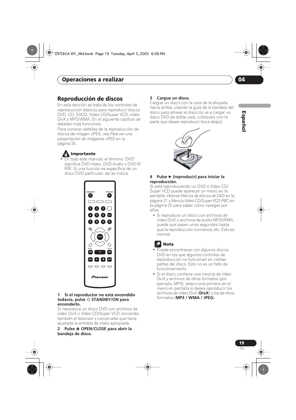 Reproducción de discos, Operaciones a realizar 04, Español | Pioneer DV-585A-s User Manual | Page 19 / 108