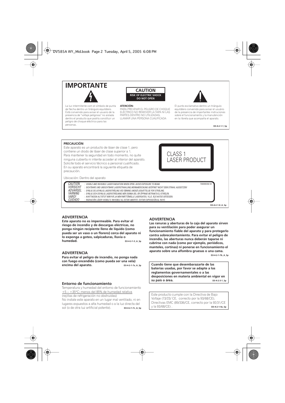 Importante, Class 1 laser product, Caution | Pioneer DV-585A-s User Manual | Page 2 / 108