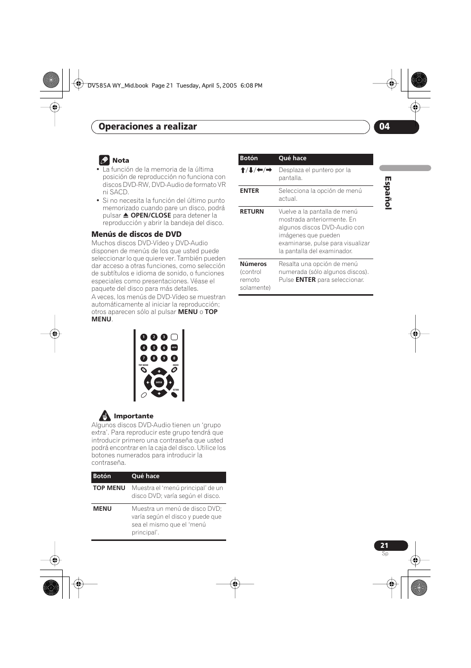 Operaciones a realizar 04, Español, Menús de discos de dvd | Pioneer DV-585A-s User Manual | Page 21 / 108