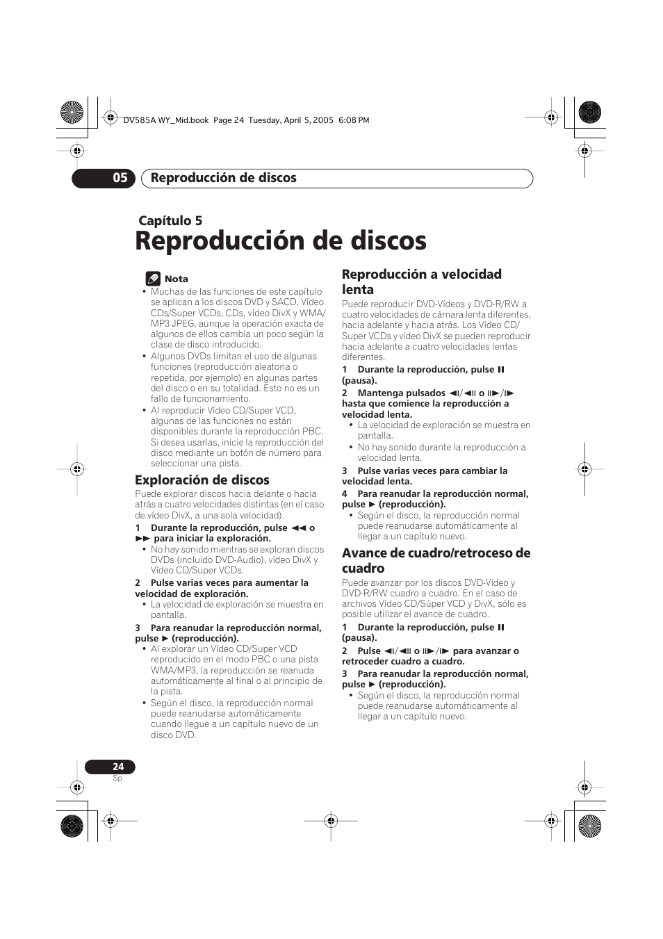 05 reproducción de discos, Exploración de discos, Reproducción a velocidad lenta | Avance de cuadro/retroceso de cuadro, Reproducción de discos, Reproducción de discos 05, Capítulo 5 | Pioneer DV-585A-s User Manual | Page 24 / 108