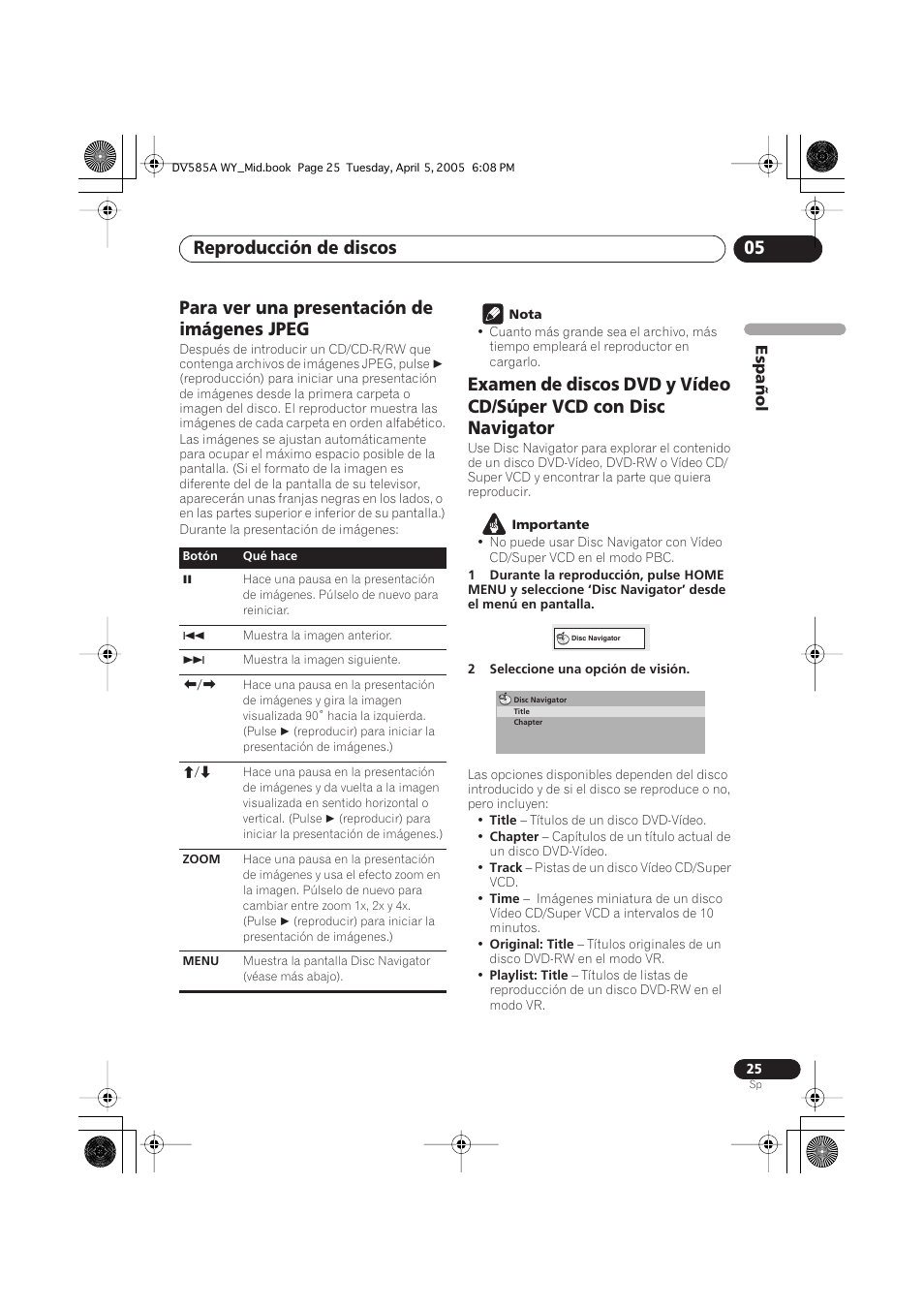 Para ver una presentación de imágenes jpeg, Reproducción de discos 05 | Pioneer DV-585A-s User Manual | Page 25 / 108
