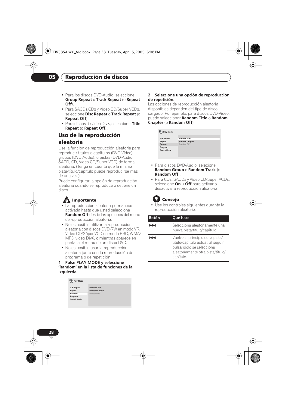 Uso de la reproducción aleatoria, Reproducción de discos 05 | Pioneer DV-585A-s User Manual | Page 28 / 108
