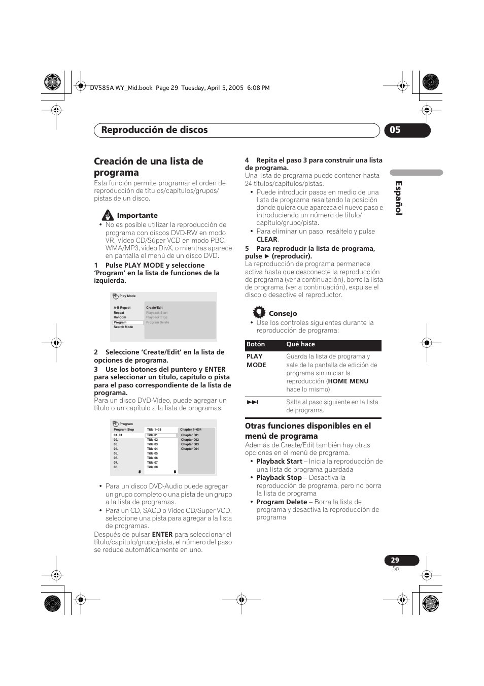 Creación de una lista de programa, Reproducción de discos 05, Español | Otras funciones disponibles en el menú de programa | Pioneer DV-585A-s User Manual | Page 29 / 108