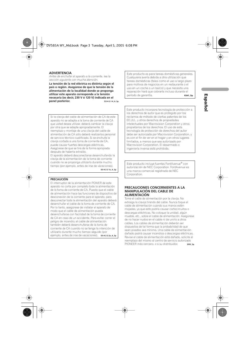 Español | Pioneer DV-585A-s User Manual | Page 3 / 108