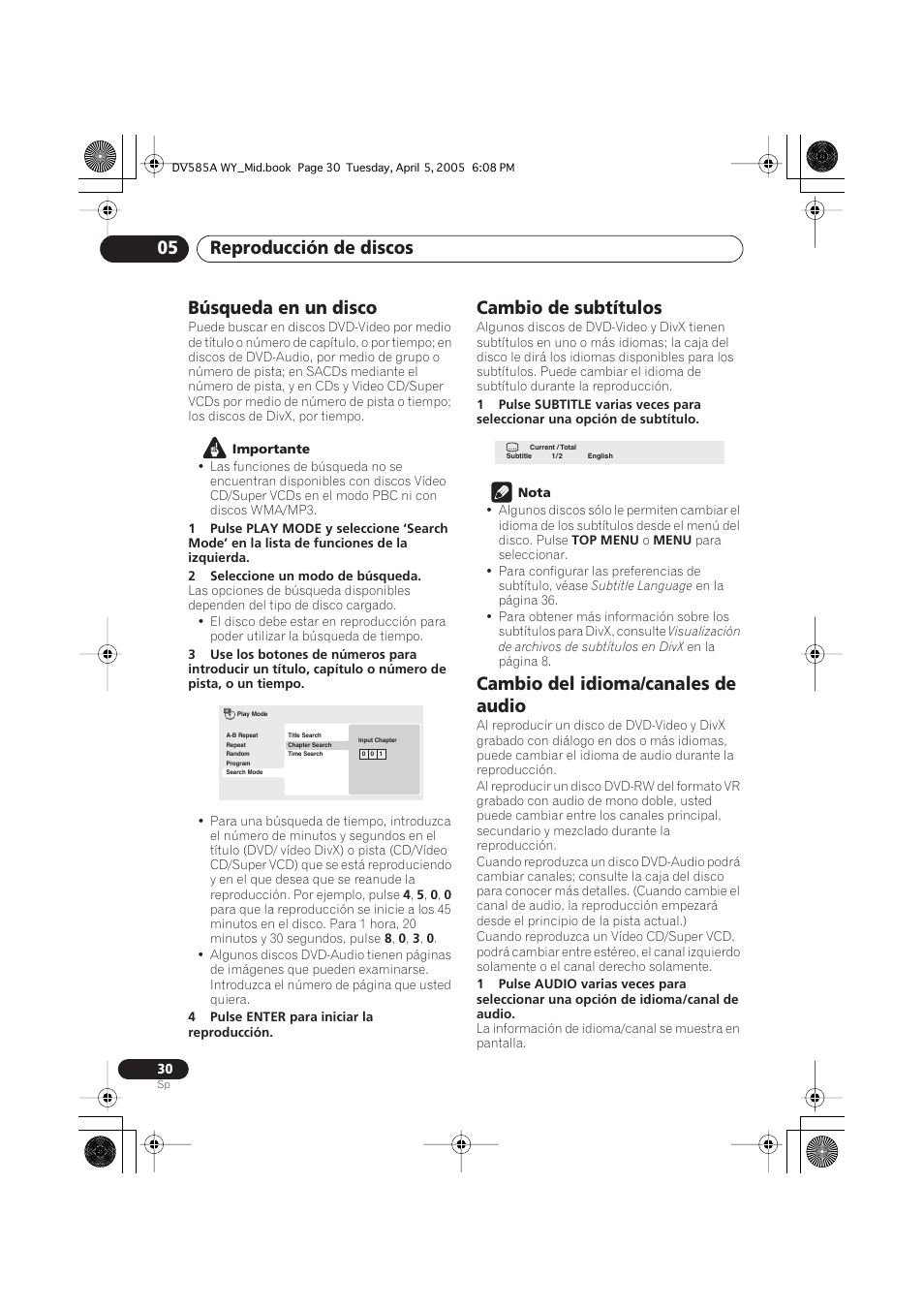 Búsqueda en un disco, Cambio de subtítulos, Cambio del idioma/canales de audio | Reproducción de discos 05 | Pioneer DV-585A-s User Manual | Page 30 / 108