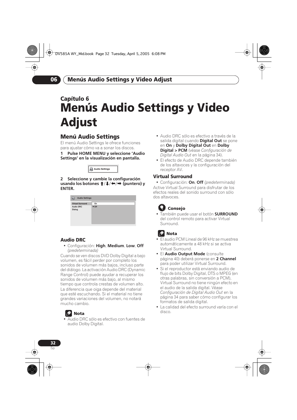 06 menús audio settings y video adjust, Menú audio settings, Menús audio settings y video adjust | Menús audio settings y video adjust 06, Capítulo 6 | Pioneer DV-585A-s User Manual | Page 32 / 108