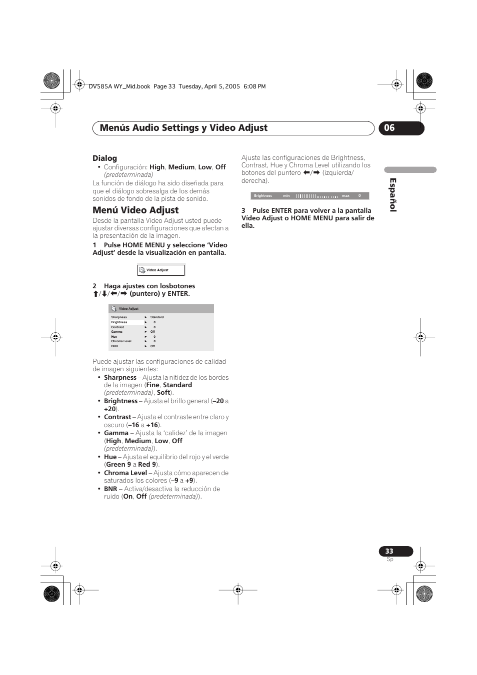 Menú video adjust, Menús audio settings y video adjust 06 | Pioneer DV-585A-s User Manual | Page 33 / 108