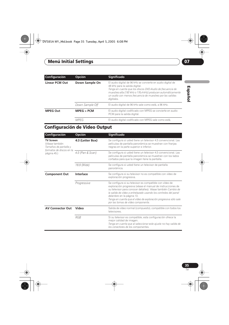 Configuración de video output, Menú initial settings 07, Español | Pioneer DV-585A-s User Manual | Page 35 / 108