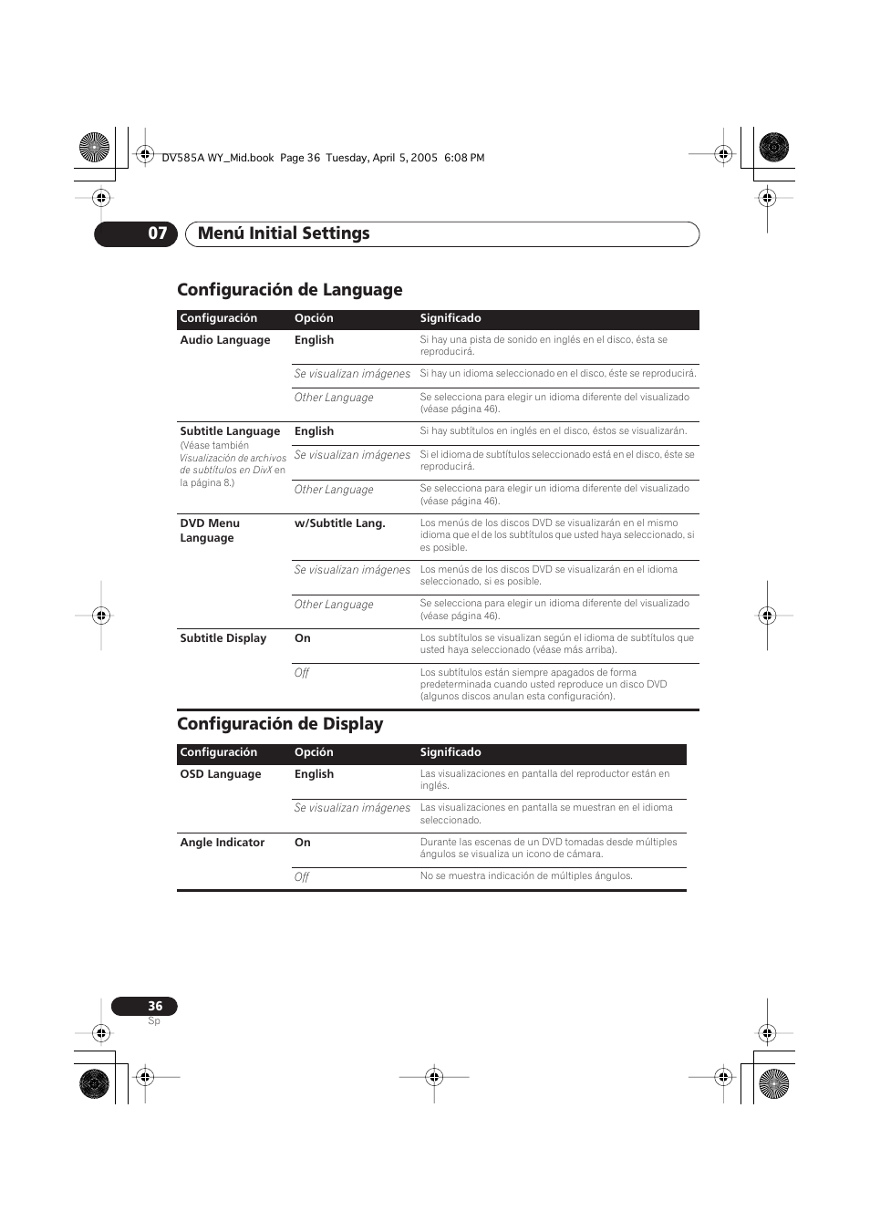 Configuración de language, Configuración de display, Menú initial settings 07 | Configuración de language configuración de display | Pioneer DV-585A-s User Manual | Page 36 / 108
