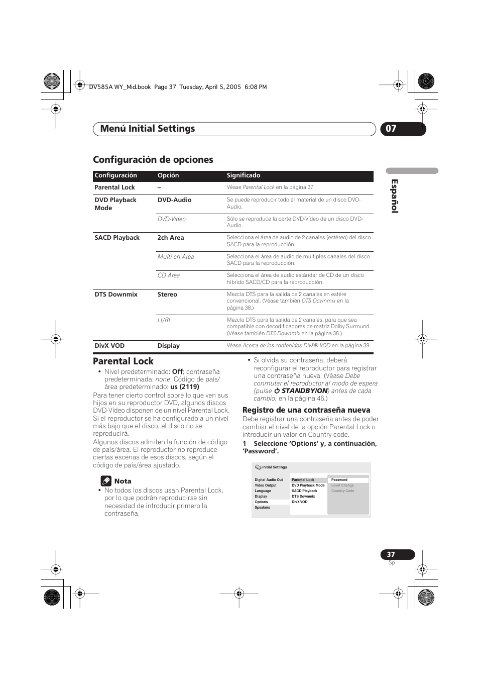 Configuración de opciones, Parental lock, Menú initial settings 07 | Configuración de opciones parental lock, Español, Registro de una contraseña nueva | Pioneer DV-585A-s User Manual | Page 37 / 108