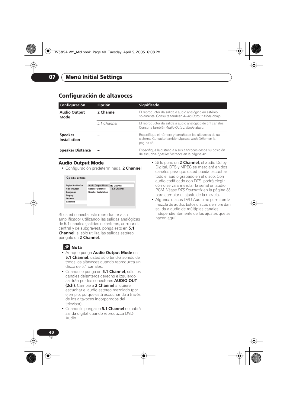 Configuración de altavoces, Menú initial settings 07, Audio output mode | Pioneer DV-585A-s User Manual | Page 40 / 108