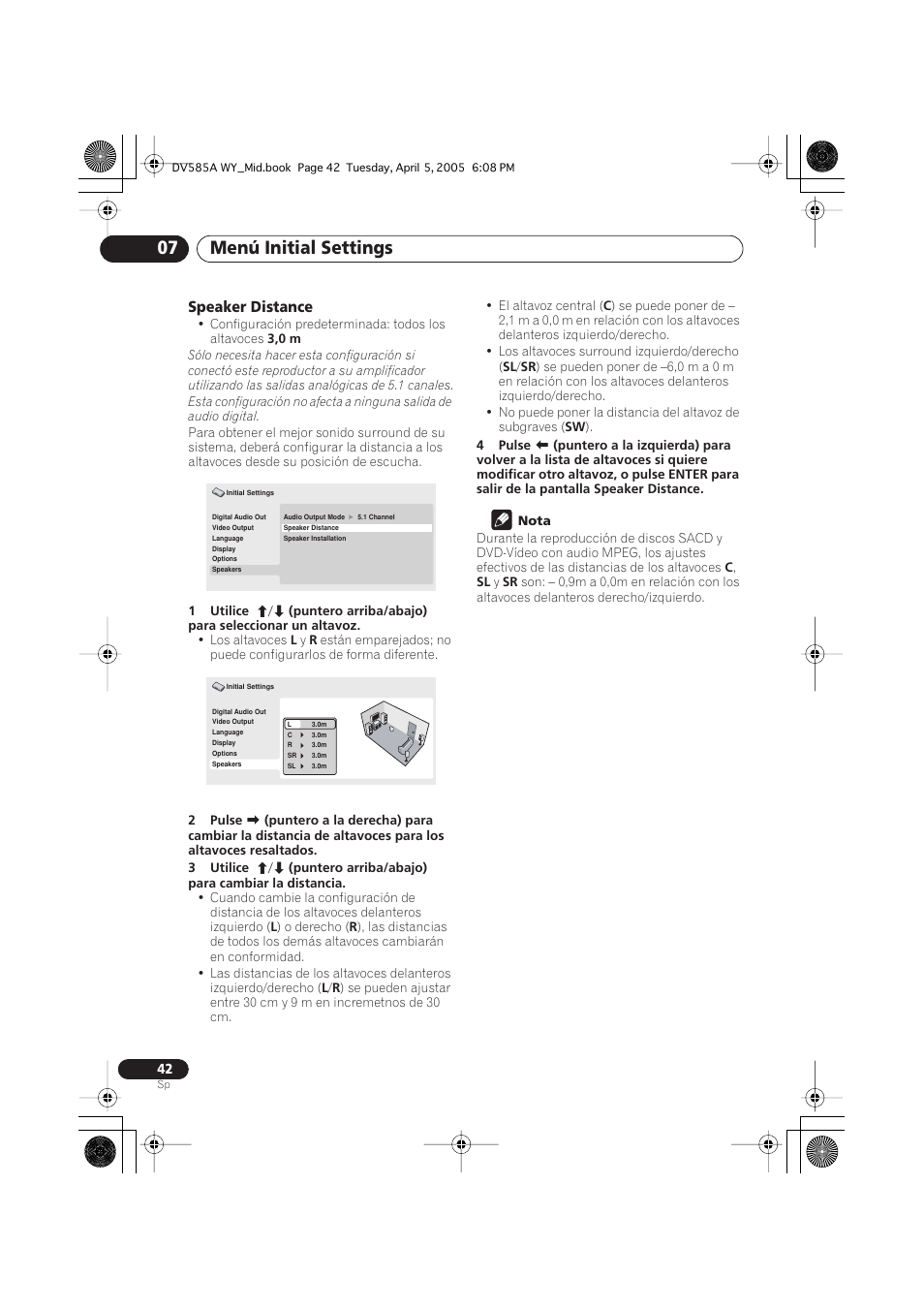 Menú initial settings 07, Speaker distance | Pioneer DV-585A-s User Manual | Page 42 / 108