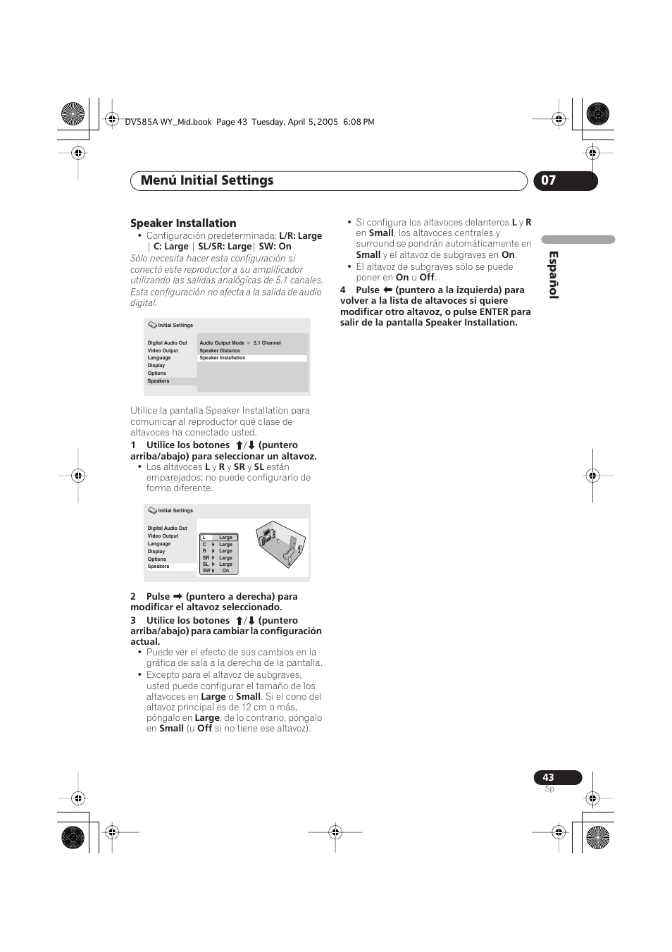 Menú initial settings 07 | Pioneer DV-585A-s User Manual | Page 43 / 108