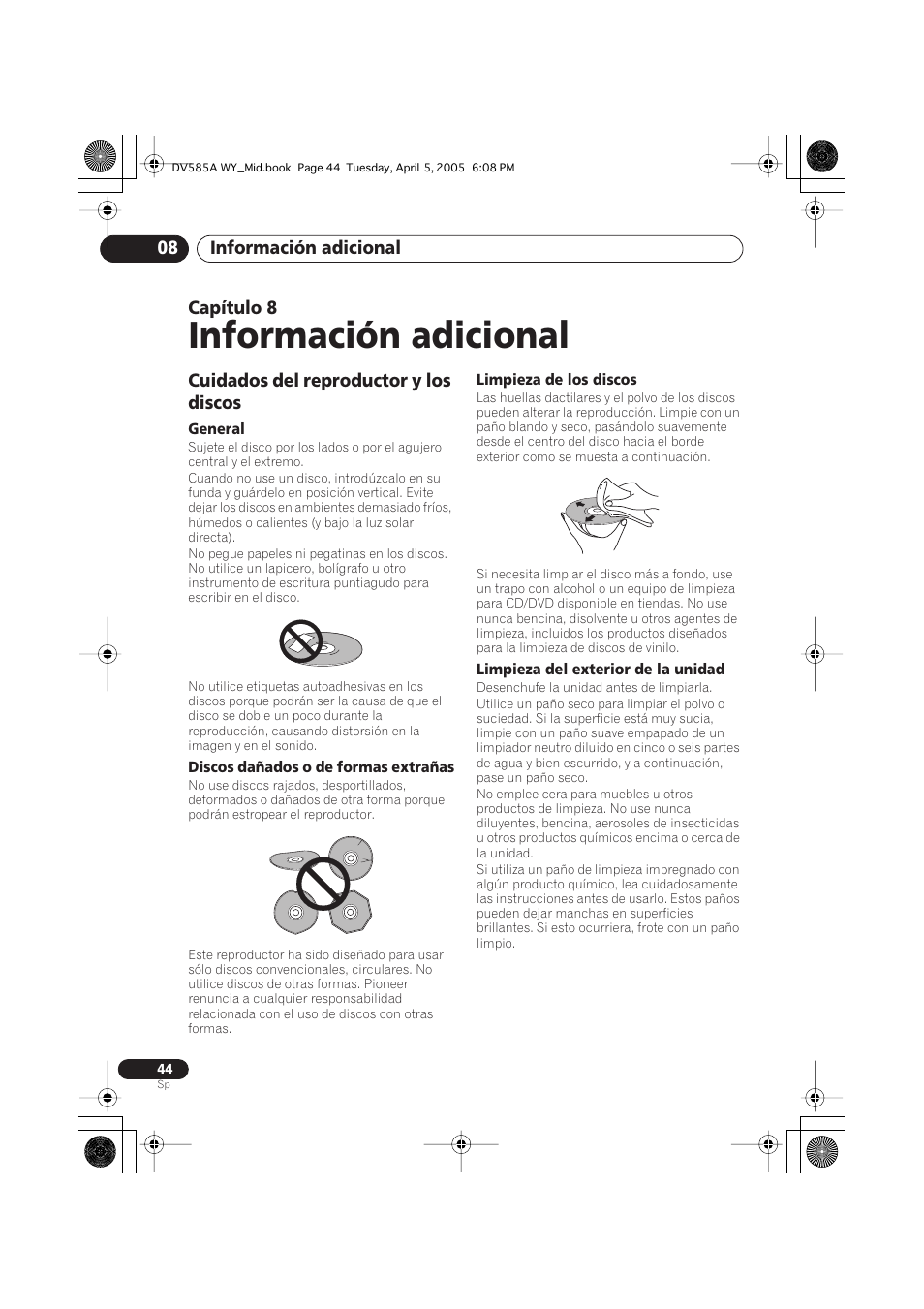 08 información adicional, Cuidados del reproductor y los discos, Información adicional | Pioneer DV-585A-s User Manual | Page 44 / 108