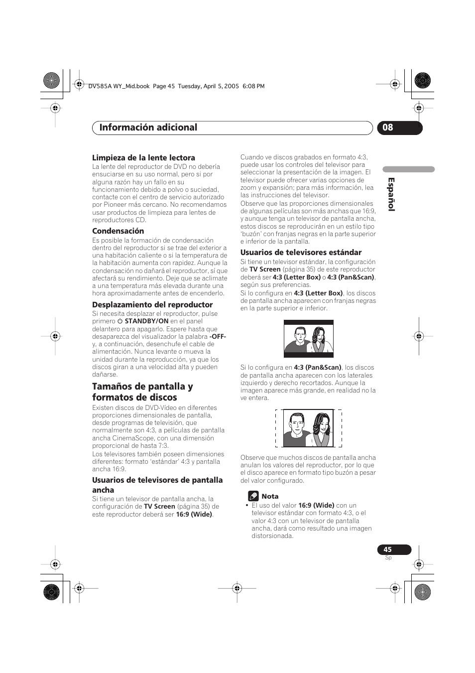 Tamaños de pantalla y formatos de discos, Información adicional 08 | Pioneer DV-585A-s User Manual | Page 45 / 108