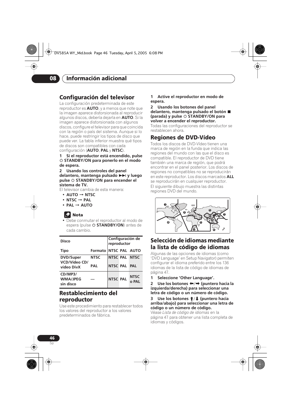 Configuración del televisor, Restablecimiento del reproductor, Regiones de dvd-vídeo | Información adicional 08 | Pioneer DV-585A-s User Manual | Page 46 / 108