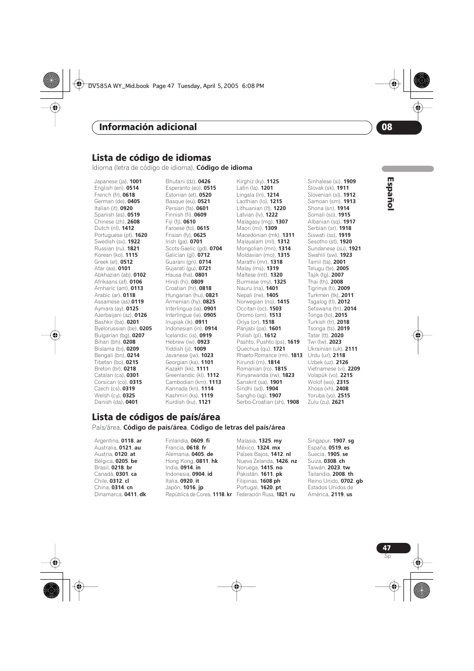 Lista de código de idiomas, Lista de códigos de país/área, Información adicional 08 | Español | Pioneer DV-585A-s User Manual | Page 47 / 108