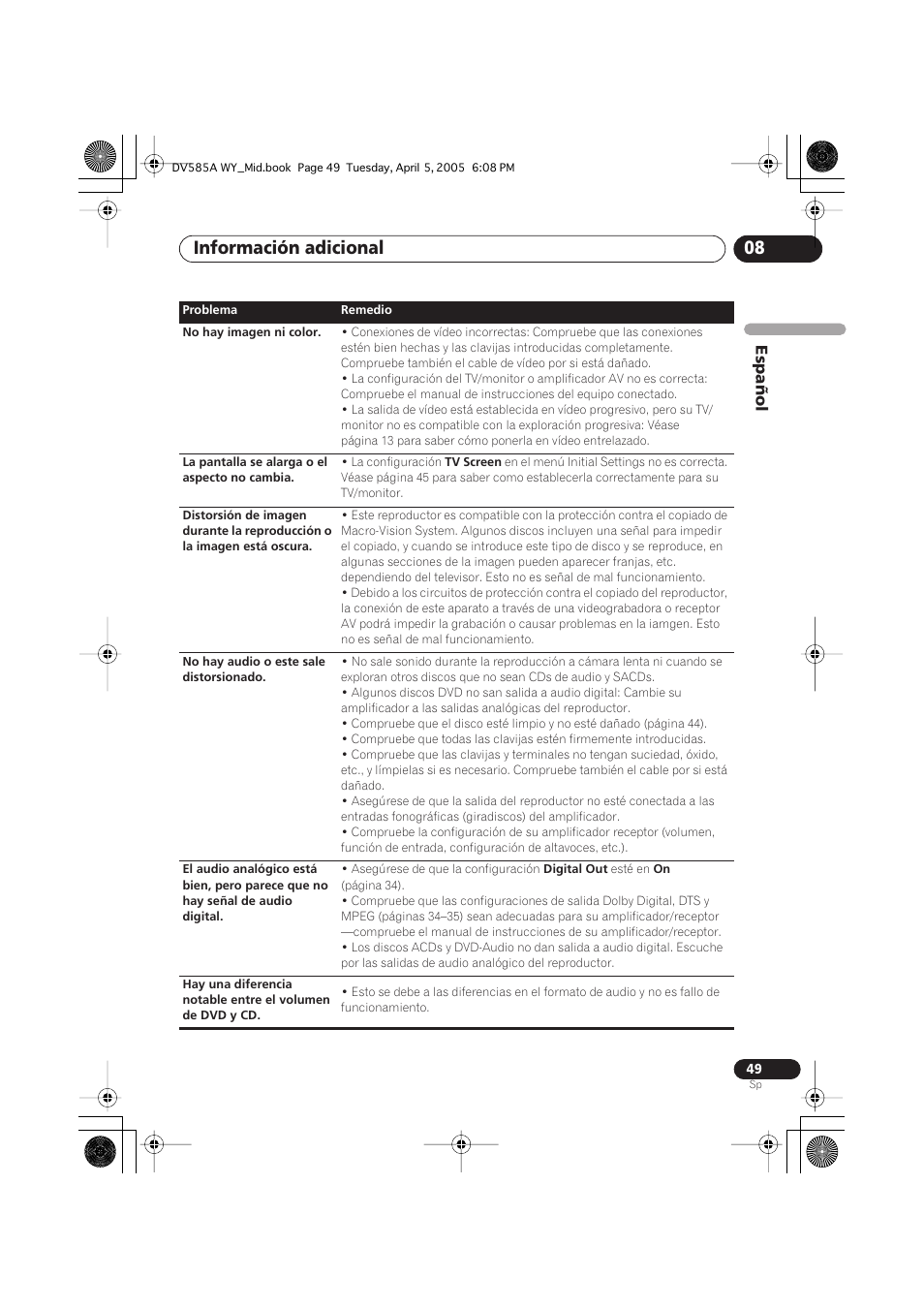 Información adicional 08, Español | Pioneer DV-585A-s User Manual | Page 49 / 108