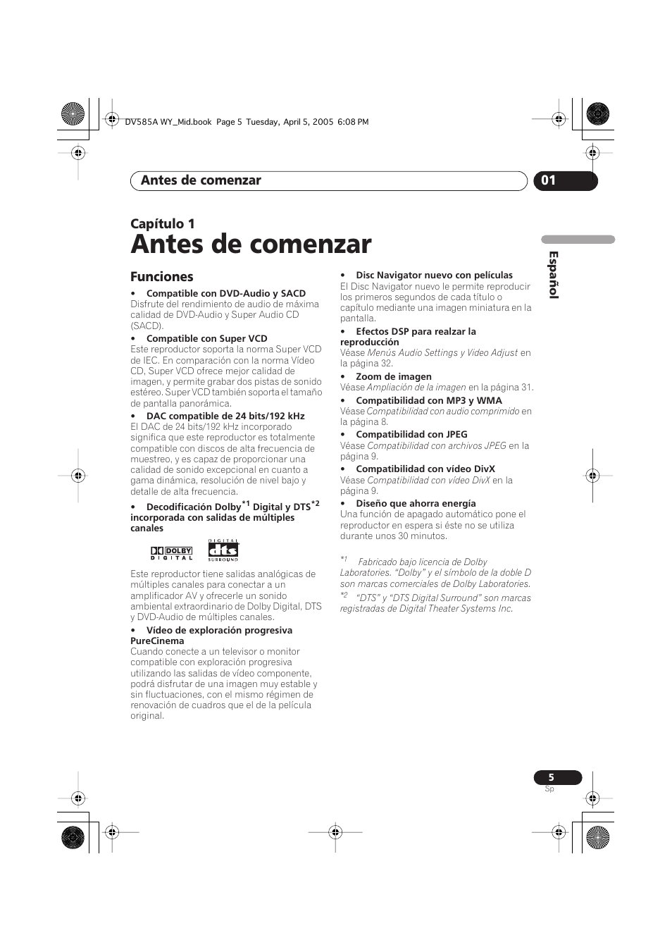 01 antes de comenzar, Funciones, Antes de comenzar | Antes de comenzar 01, Capítulo 1 | Pioneer DV-585A-s User Manual | Page 5 / 108