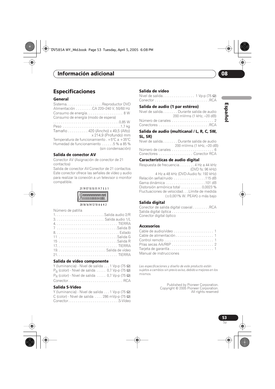 Especificaciones, Información adicional 08, Español | Pioneer DV-585A-s User Manual | Page 53 / 108