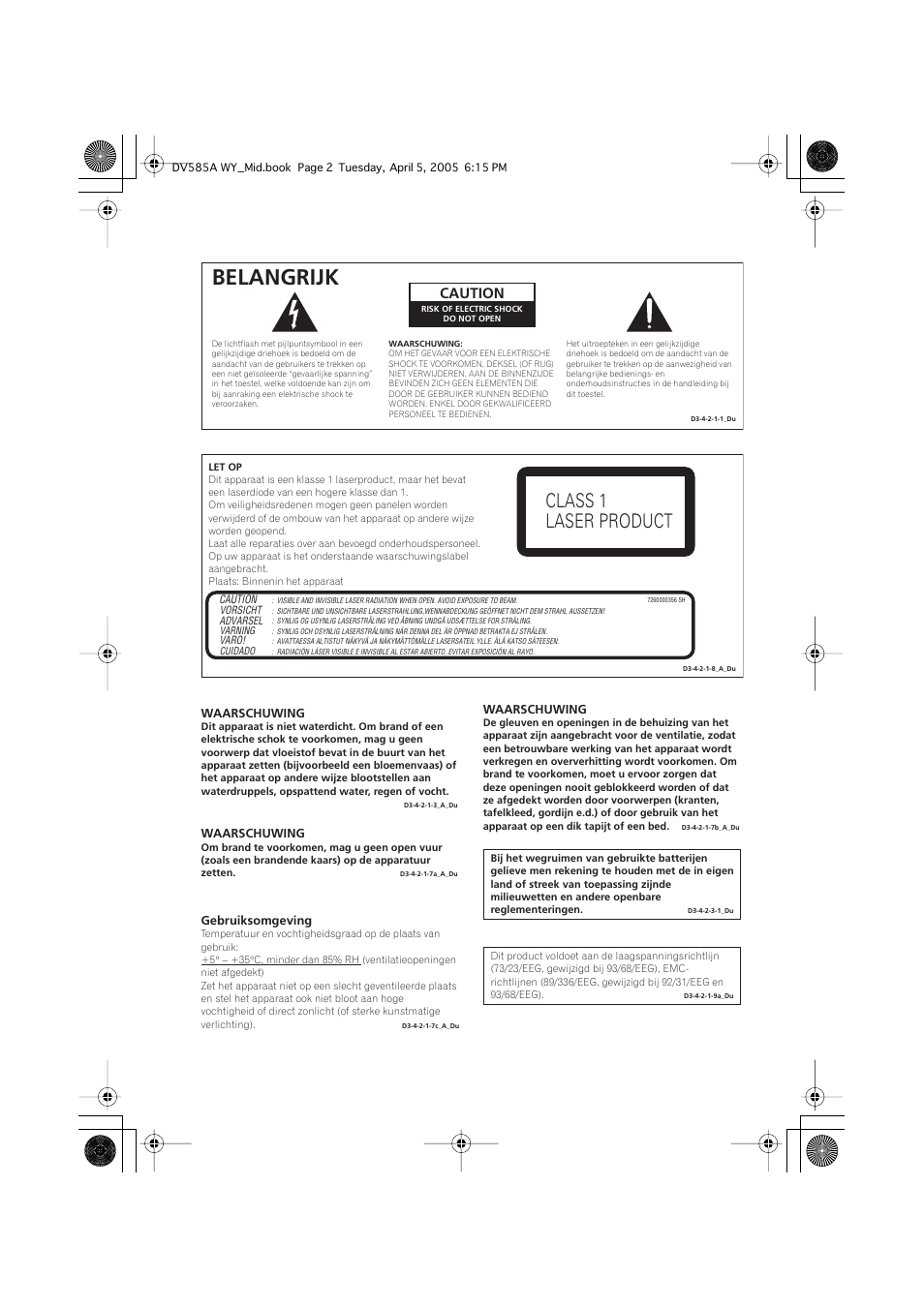 Belangrijk, Class 1 laser product, Caution | Pioneer DV-585A-s User Manual | Page 54 / 108