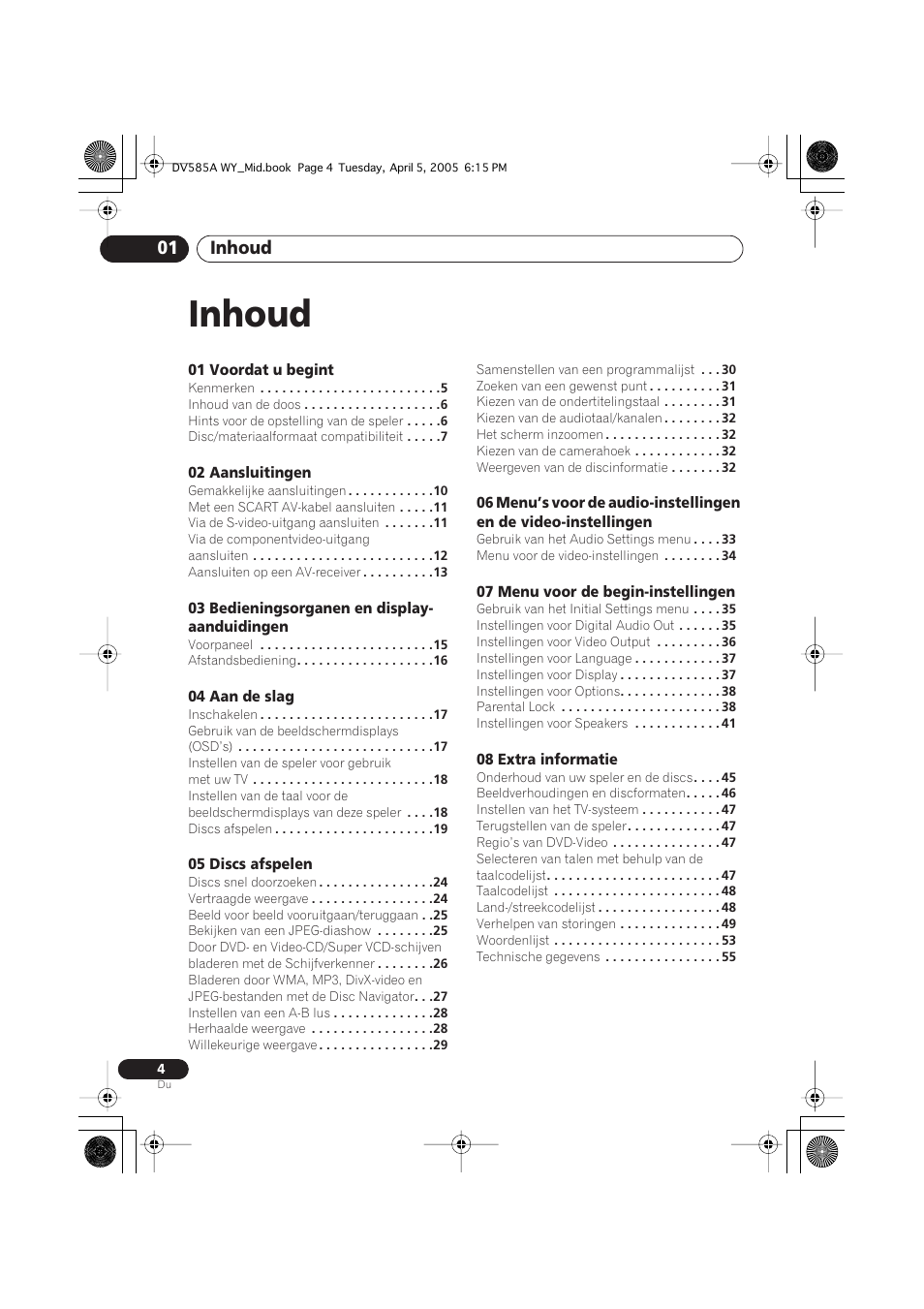 Gebruiksaanwijzing, Inhoud, Inhoud 01 | Pioneer DV-585A-s User Manual | Page 56 / 108
