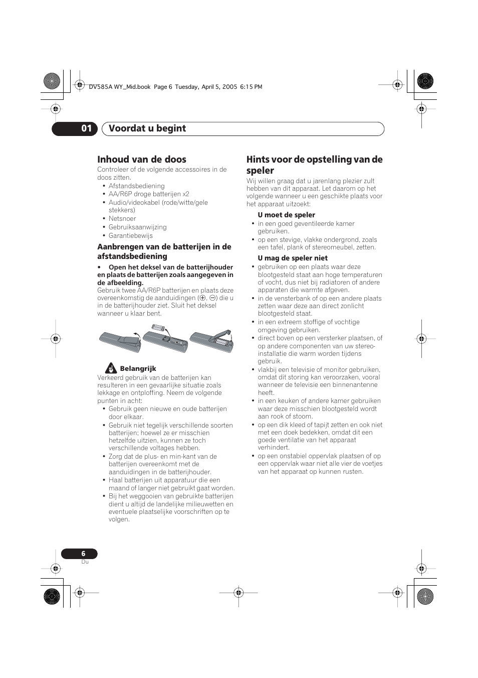 Inhoud van de doos, Hints voor de opstelling van de speler, Voordat u begint 01 | Pioneer DV-585A-s User Manual | Page 58 / 108