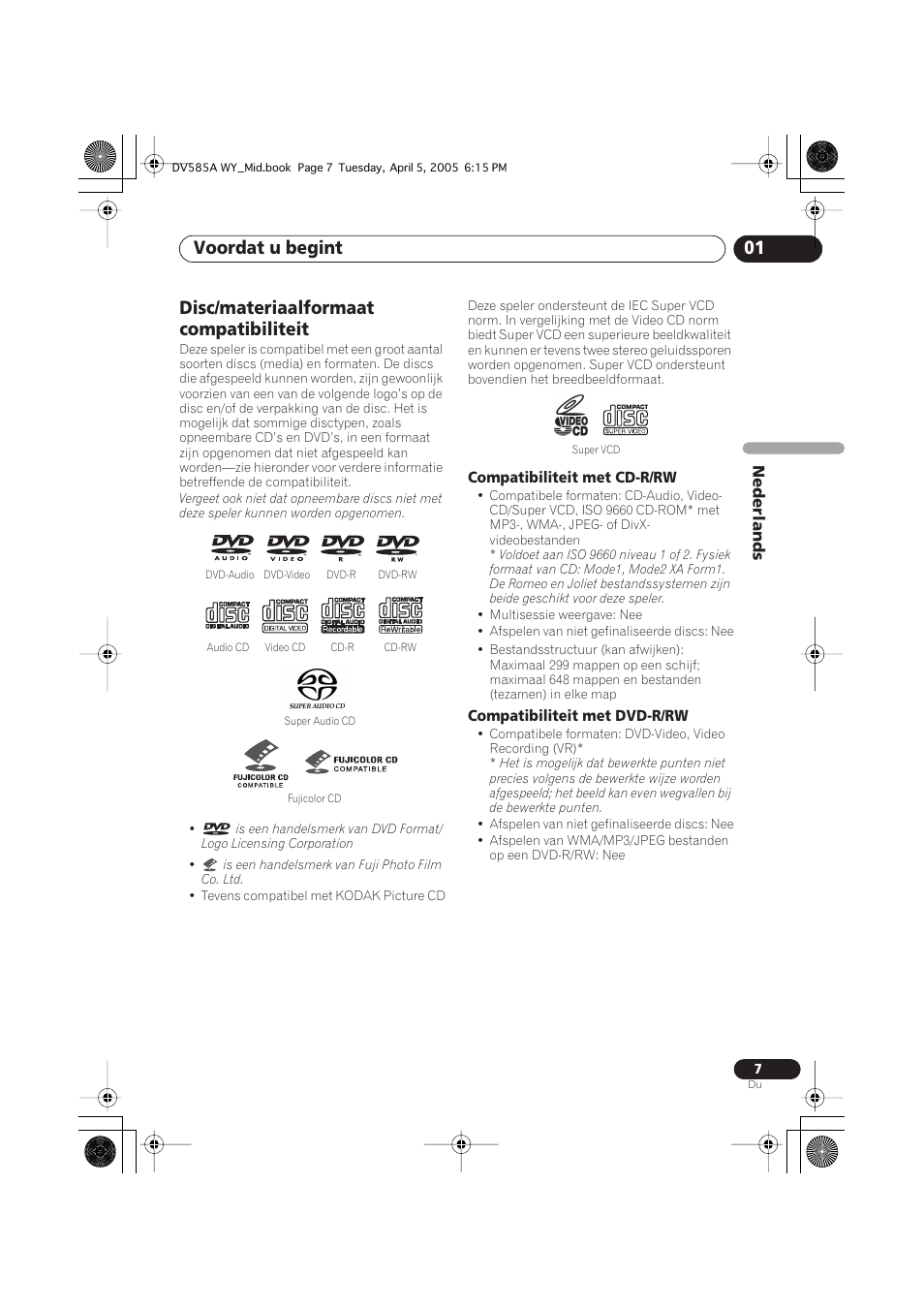 Disc/materiaalformaat compatibiliteit, Voordat u begint 01 | Pioneer DV-585A-s User Manual | Page 59 / 108