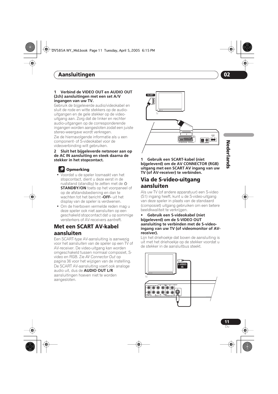 Met een scart av-kabel aansluiten, Via de s-video-uitgang aansluiten, Aansluitingen 02 | Nederlands | Pioneer DV-585A-s User Manual | Page 63 / 108