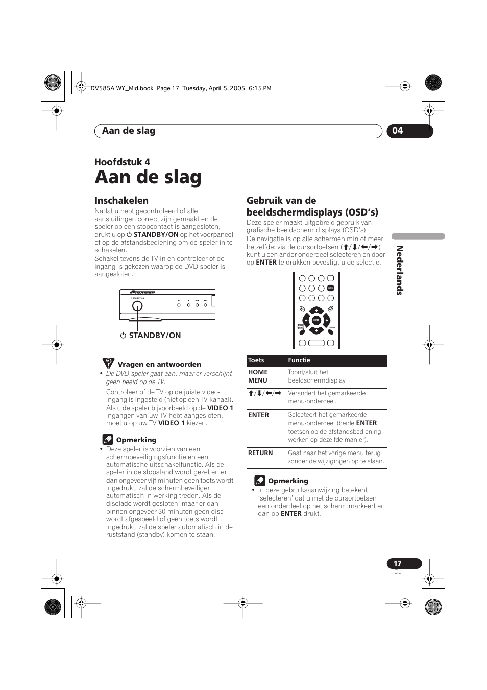 04 aan de slag, Inschakelen, Gebruik van de beeldschermdisplays (osd’s) | Aan de slag, Aan de slag 04, Hoofdstuk 4 | Pioneer DV-585A-s User Manual | Page 69 / 108