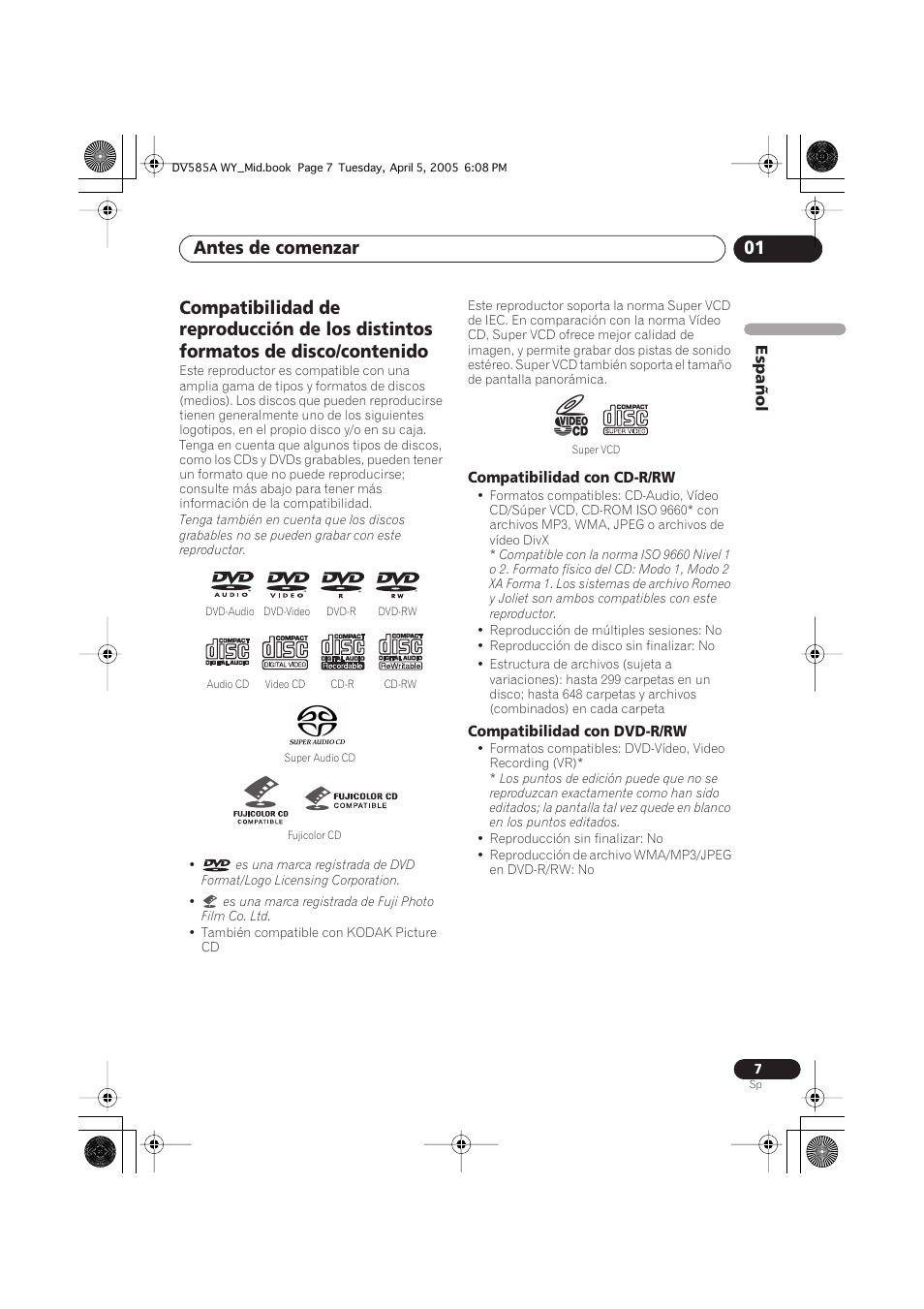 Antes de comenzar 01 | Pioneer DV-585A-s User Manual | Page 7 / 108