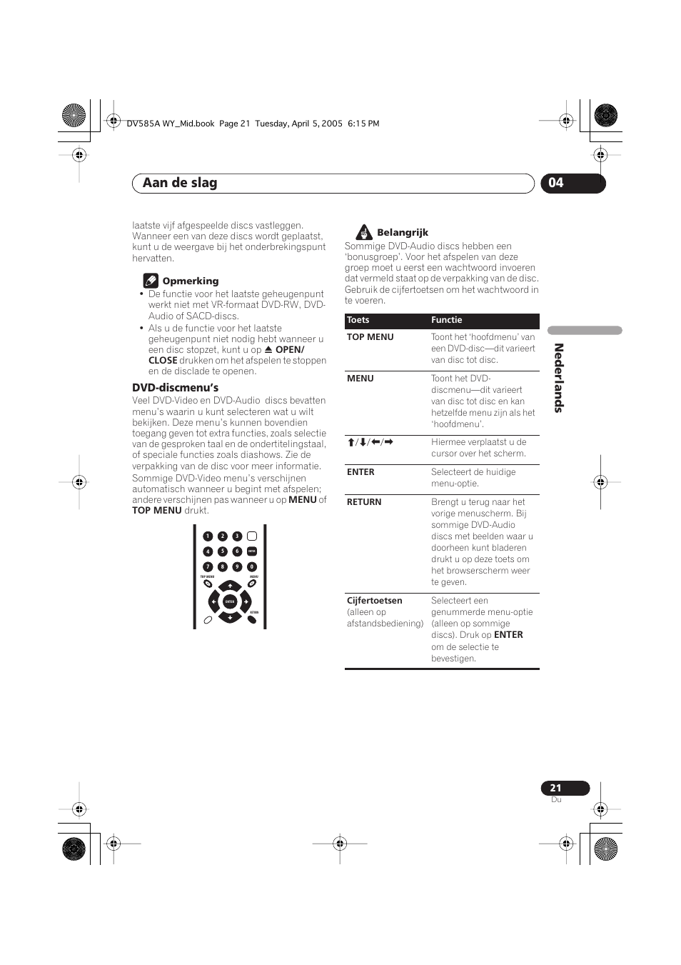 Aan de slag 04, Nederlands, Dvd-discmenu’s | Pioneer DV-585A-s User Manual | Page 73 / 108