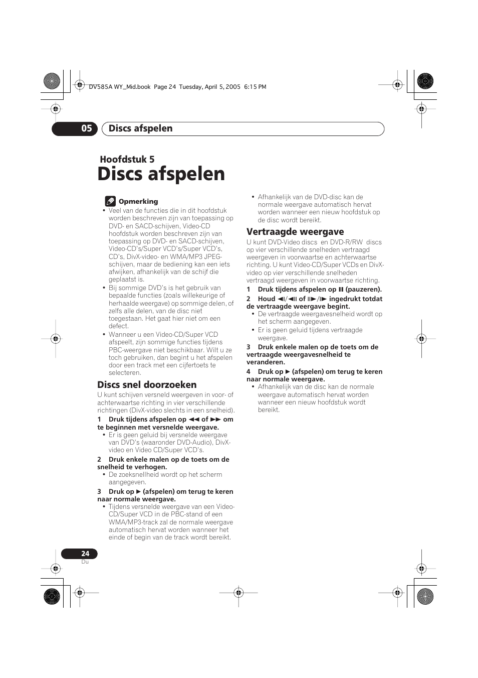 05 discs afspelen, Discs snel doorzoeken, Vertraagde weergave | Discs afspelen, Discs afspelen 05, Hoofdstuk 5 | Pioneer DV-585A-s User Manual | Page 76 / 108