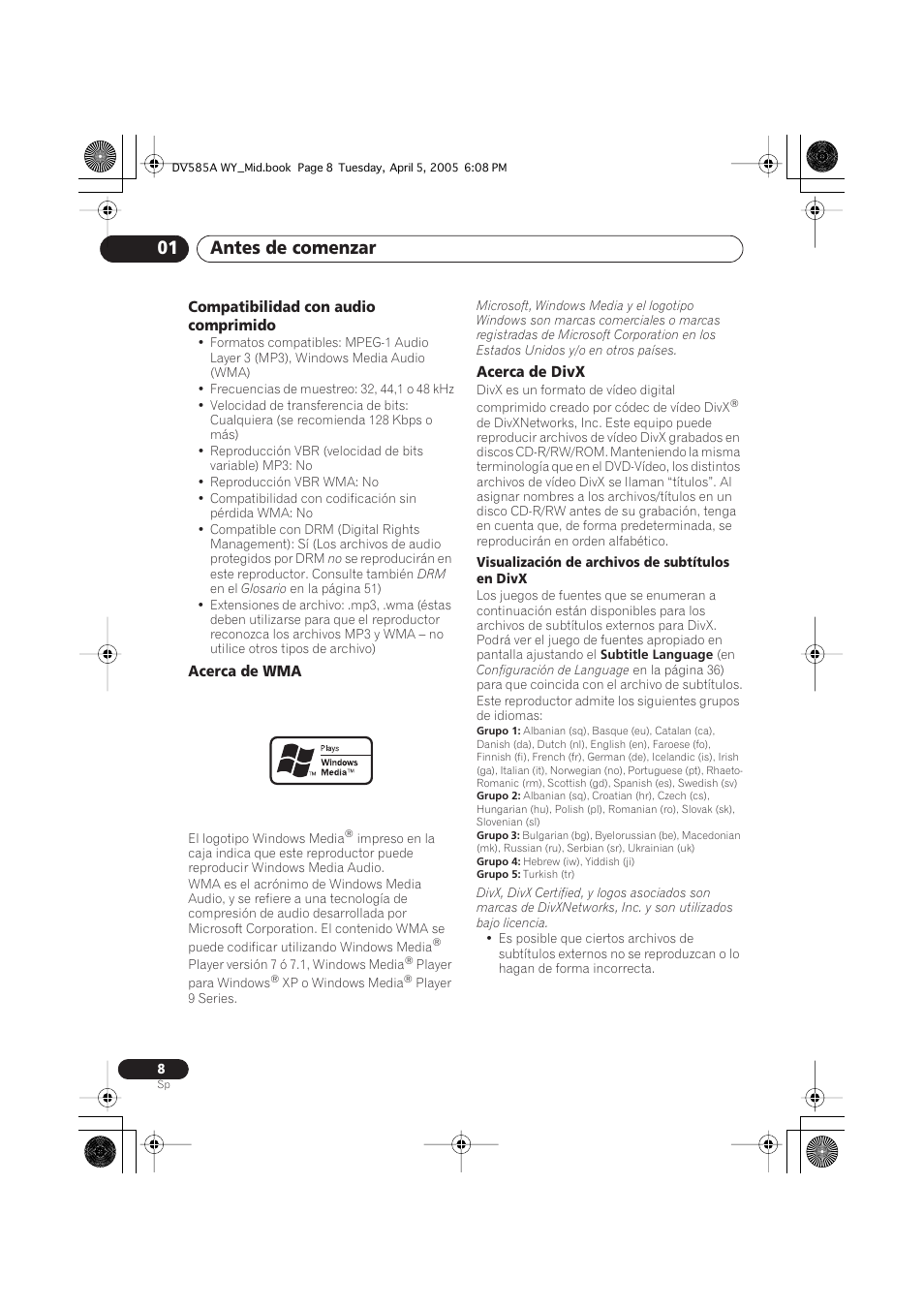 Antes de comenzar 01 | Pioneer DV-585A-s User Manual | Page 8 / 108