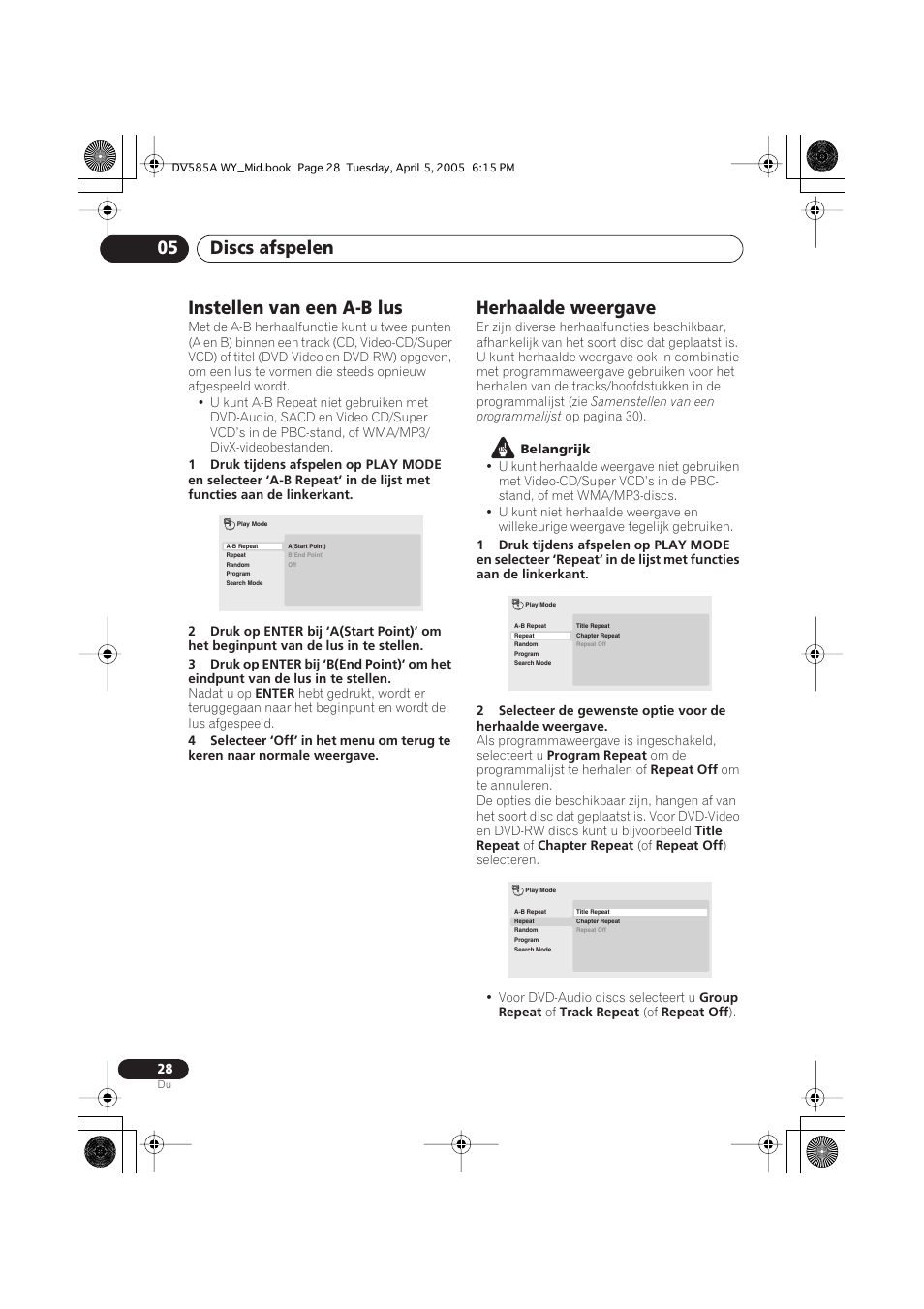 Instellen van een a-b lus, Herhaalde weergave, Discs afspelen 05 | Pioneer DV-585A-s User Manual | Page 80 / 108