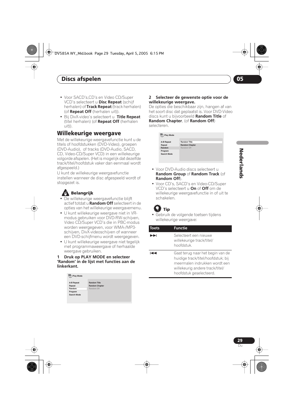 Willekeurige weergave, Discs afspelen 05, Nederlands | Pioneer DV-585A-s User Manual | Page 81 / 108