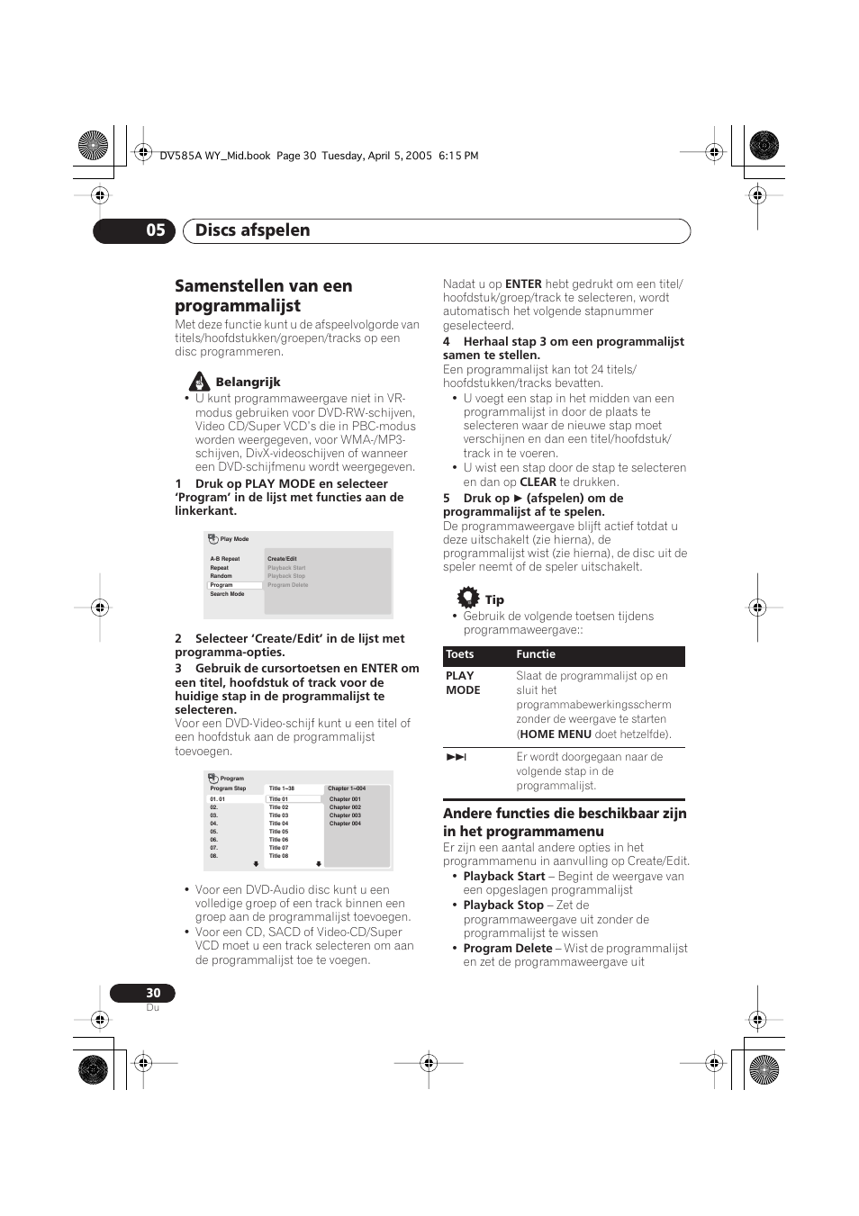 Samenstellen van een programmalijst, Discs afspelen 05 | Pioneer DV-585A-s User Manual | Page 82 / 108