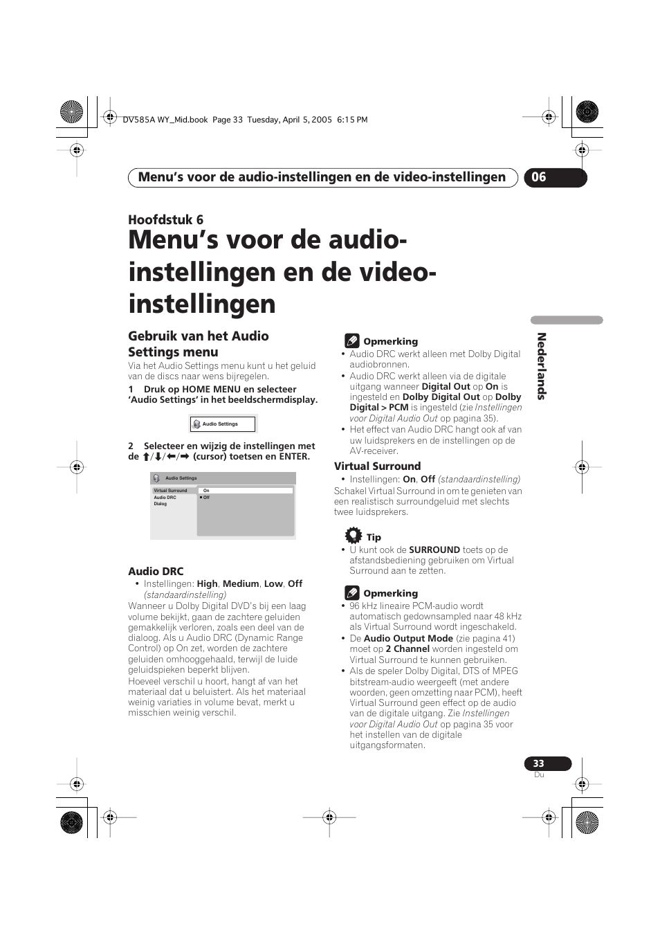 Gebruik van het audio settings menu, Hoofdstuk 6 | Pioneer DV-585A-s User Manual | Page 85 / 108