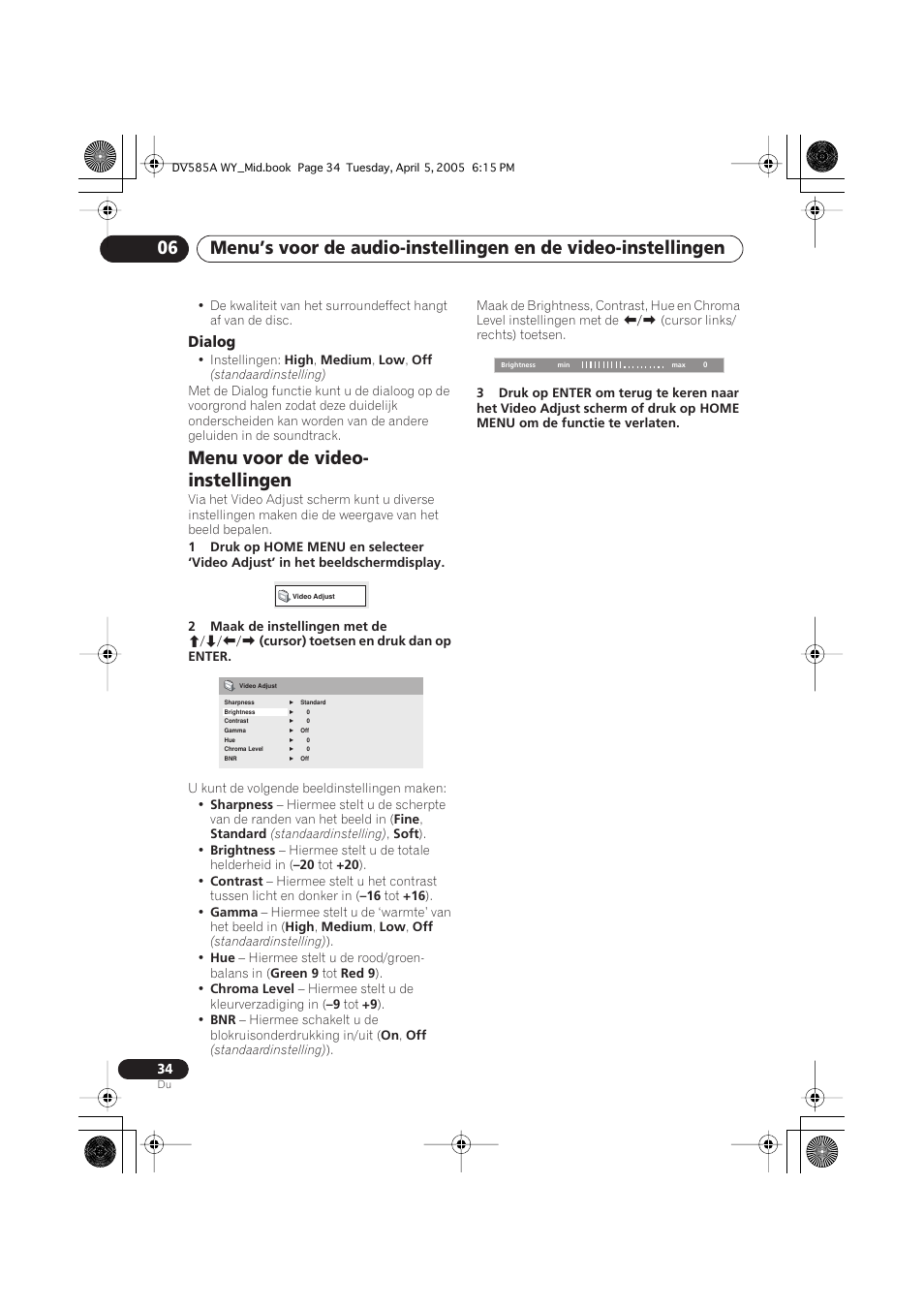 Menu voor de video-instellingen, Menu voor de video- instellingen | Pioneer DV-585A-s User Manual | Page 86 / 108